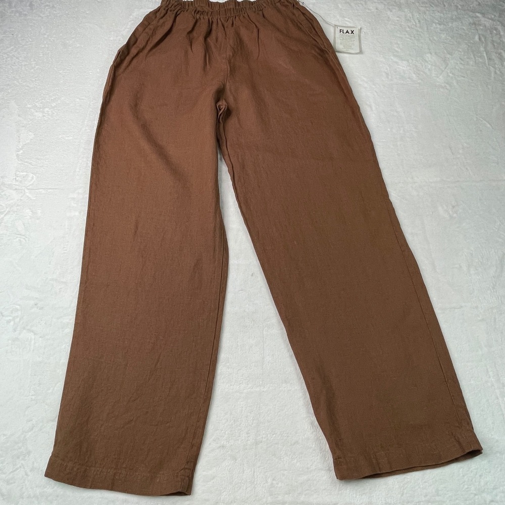 FLAX 100% Linen Wide Leg Pants Brown Elastic Waist Lithuanian Linen Medium NWT